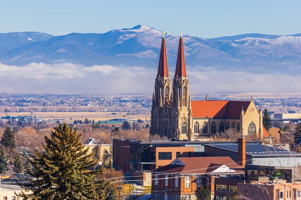 Panoramic view of Helena, Montana nestled against the rolling mountains and downtown architecture