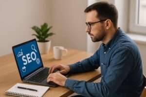 Man working on SEO strategies for small business Helena MT on laptop