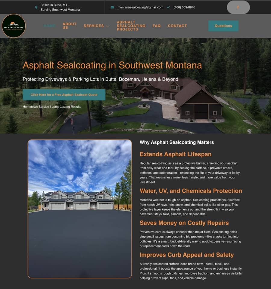 Montana Sealcoating website homepage design by Mr. BusinessBuilder showcasing asphalt maintenance services in Montana