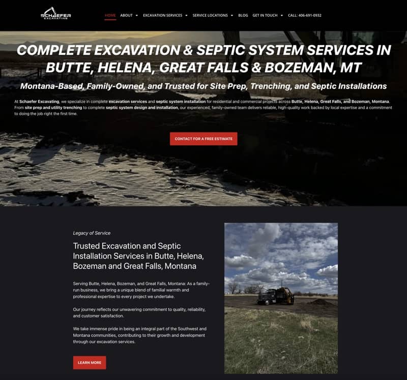 Schaefer Excavating homepage — Helena MT excavation and septic services website designed by Mr. BusinessBuilder