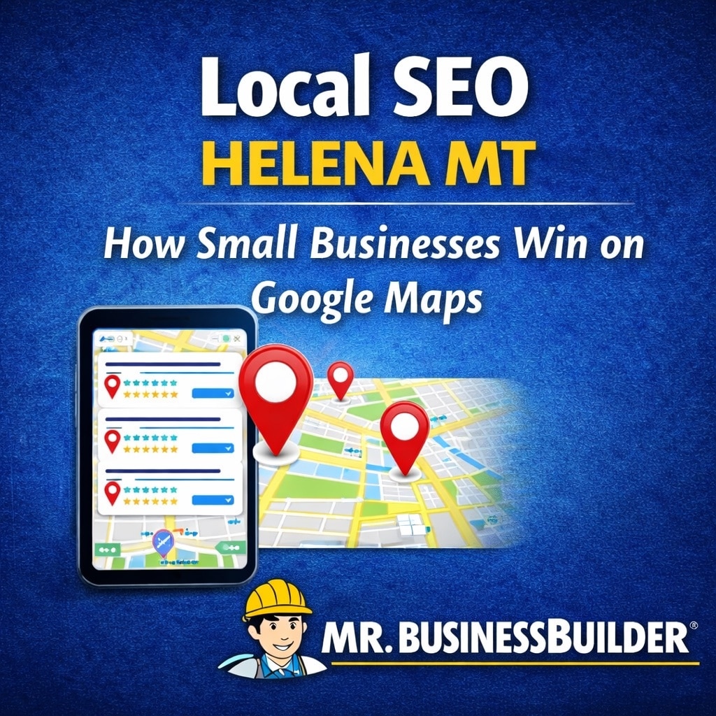 Local SEO Helena MT – digital graphic featuring map pins, mobile device, and business listings highlighting Google Maps visibility for small businesses.