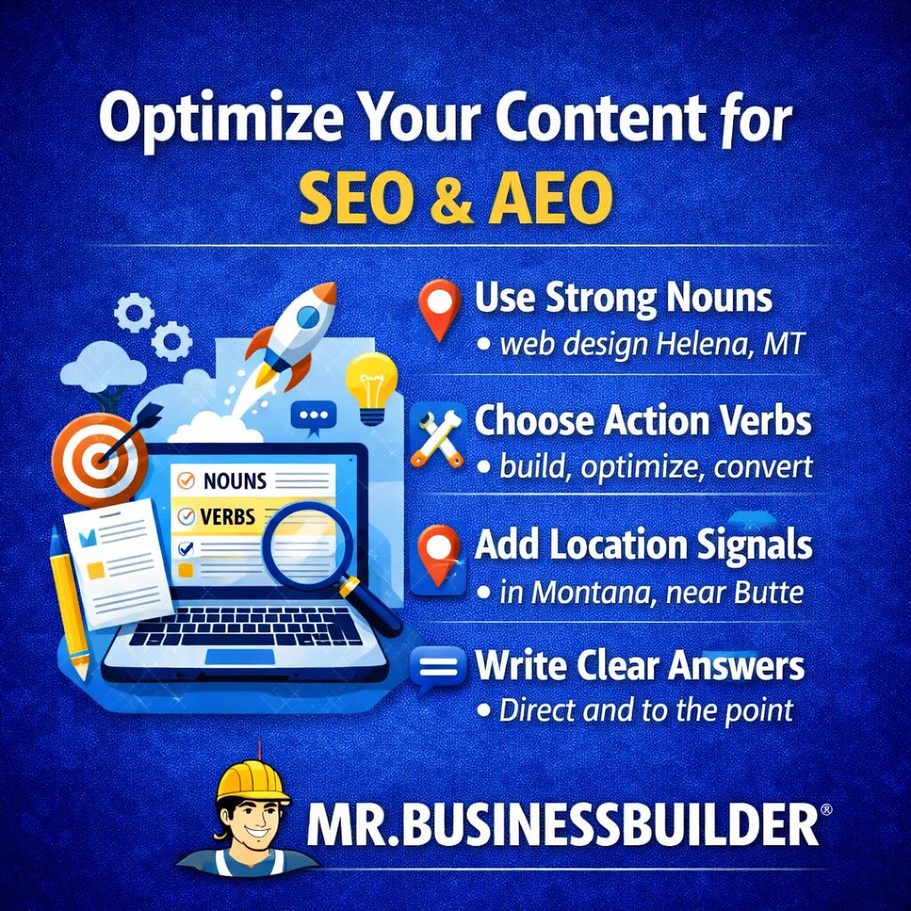 Parts of speech SEO graphic showing how clear language improves website performance for small businesses in Helena MT