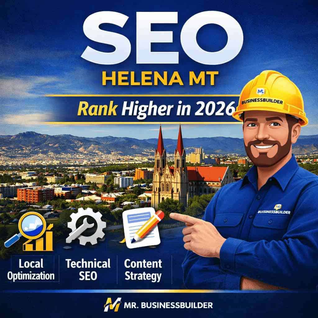 SEO Helena MT promotional graphic featuring Mr. BusinessBuilder in hard hat highlighting local optimization, technical SEO, and content strategy in Helena Montana