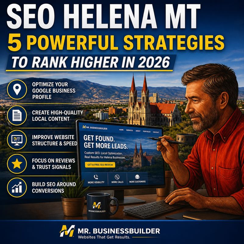 SEO Helena MT marketing graphic by Mr. BusinessBuilder showing 5 powerful SEO strategies to rank higher in Google and generate more customer leads